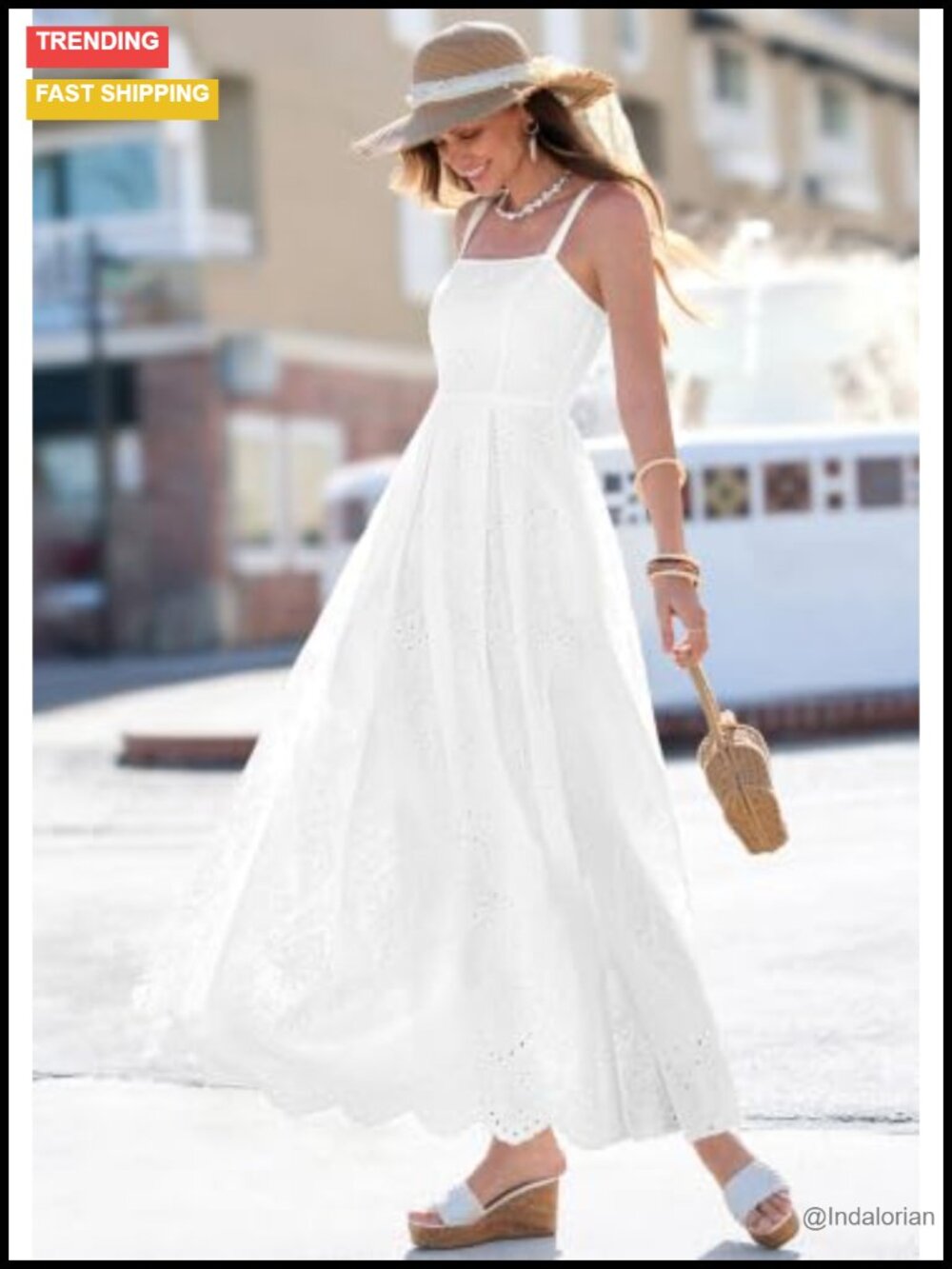 Sleeveless Eyelet Maxi Dress Adjustable Spaghetti Strap A-Line Sundress with - Picture 2 of 6